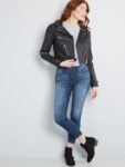 Women Texture Black Leather Jacket