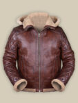 Men Brown Shearling Jacket With Hoodie