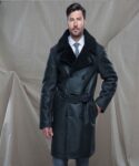 Men Black Shearling Leather Trench