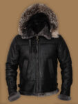 Men Black Shearling Jacket With Hoodie - Mauve Tree