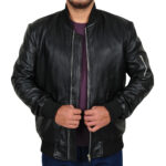 Rib Knitted Black Leather Jacket