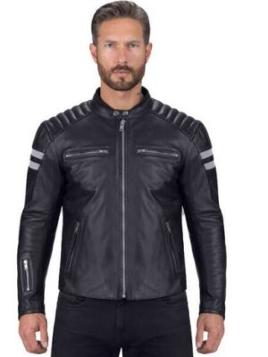 mens reflective stripes black leather jacket