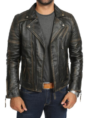 Black Rub Off Biker Leather Jacket For Men