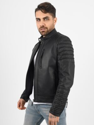 Mens Casual Biker Style Black Leather Jacket