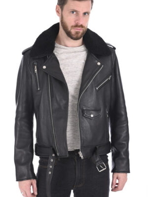 Mens Black Biker Leather Jacket With Shearling Collar