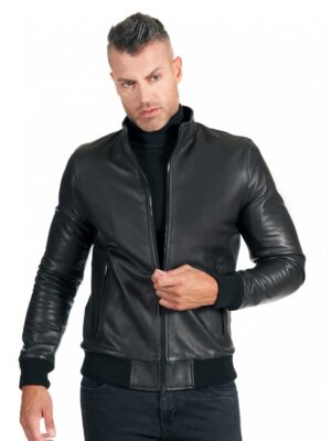 Mens Smooth Black Bomber Leather Jacket