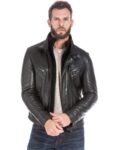 Black Lambskin Leather Sports Jacket For Men - Mauve Tree