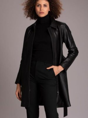 Modern Style Black Lambskin Leather Coat For Women