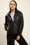 Black Lambskin Leather Jacket With Detachable Hood For Women - Mauve Tree