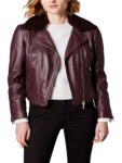 Women Brown Fur Collar Leather Jacket