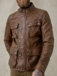 Men Lambskin Leather Field Jacket In Walnut Color