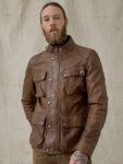 Men Lambskin Leather Field Jacket In Walnut Color - Mauve Tree