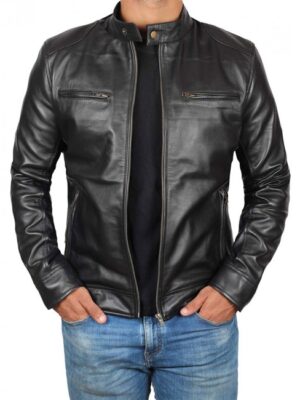 Mens Black Lambskin Biker Style Leather Jacket