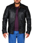 Pitch Black Lapel Collar Leather Jacket