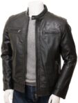 Men Black Leather Biker Jacket - Mauve Tree