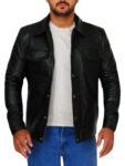 Flap Button Black Leather Jacket