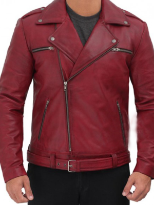 Maroon Leather Biker Jacket Mens