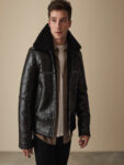 Men Black Shearling Bomber Leather Jacket