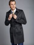 Men Jet Black Cotton Trench