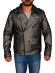 Men Silver Grey Leather Jacket