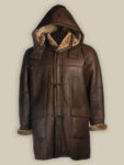 Men Brown Shearling Hoodie Coat