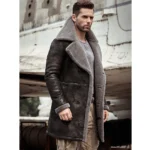 Slick Men Black Aviator Shearling Leather Long Coat - Mauve Tree